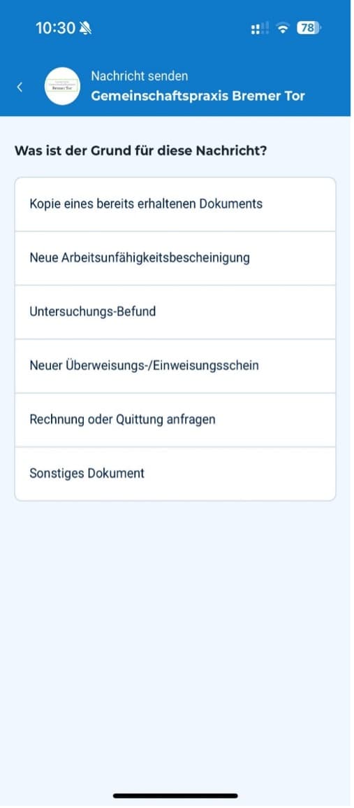 Auswahl der Dokumentart, etwa Arbeitsunfähigkeitsbescheinigung oder Befund