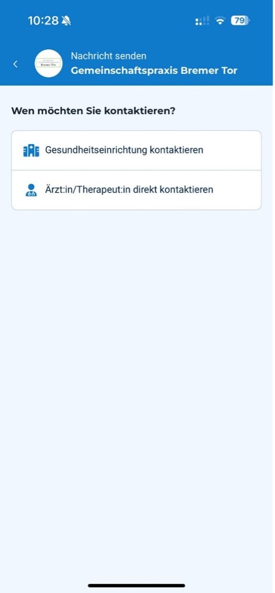 Auswahl zwischen Gesundheitseinrichtung und Ärztin oder Arzt kontaktieren