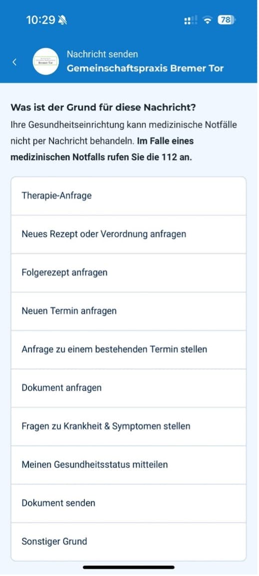 Liste der Gründe für eine Nachricht, etwa Folgerezept oder Dokument anfragen