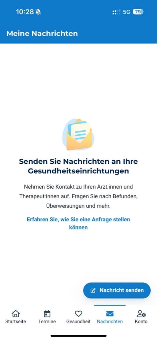 Doctolib-App: leerer Nachrichten-Bereich mit dem Button „Nachricht senden“