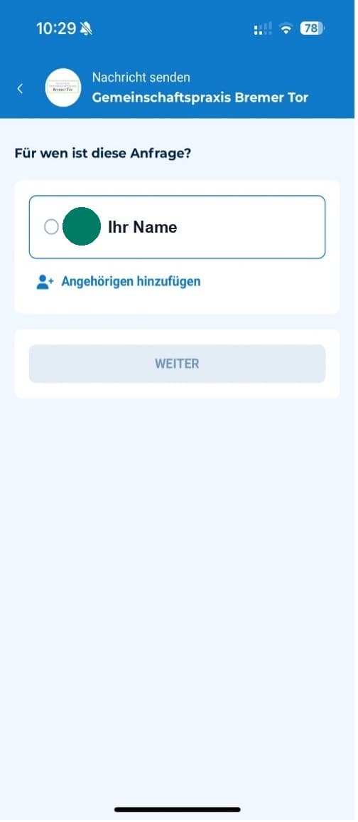Auswahl der Person, für die die Anfrage gestellt wird