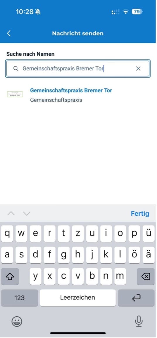 Suchfeld mit dem Praxisnamen und dem Treffer Gemeinschaftspraxis Bremer Tor